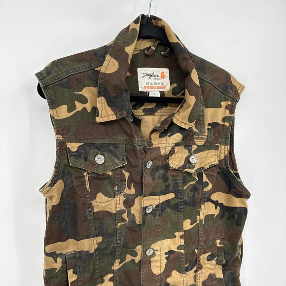 Miskeen Vest Camouflage Sleeveless Collared Multi Pockets Button Down Green M - Picture 2 of 6